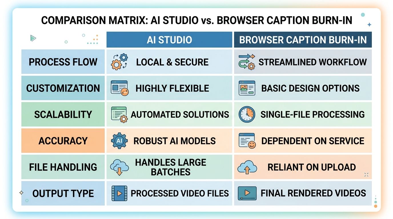 Comparison matrix of AI studio jobs versus browser caption burn-in
