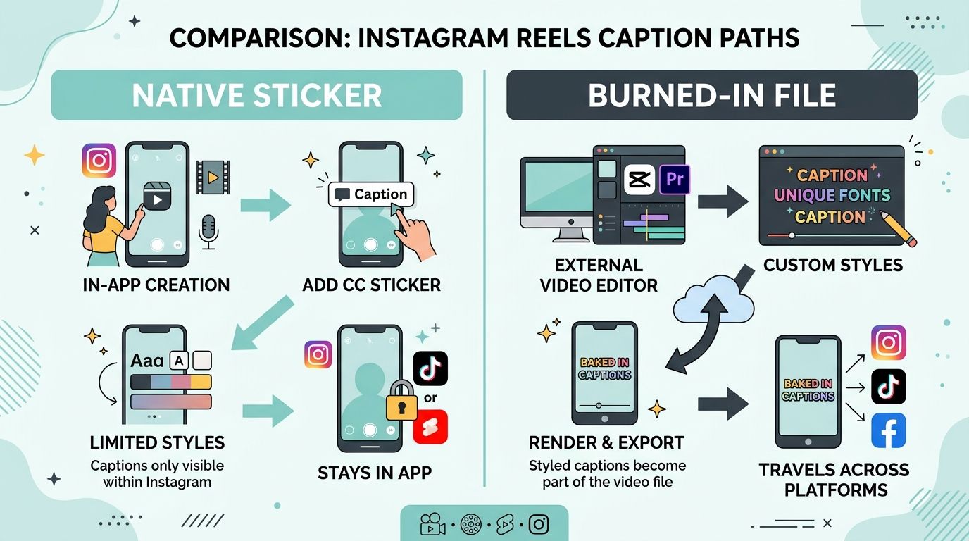 Diagram comparing native Instagram caption stickers with burned-in captions