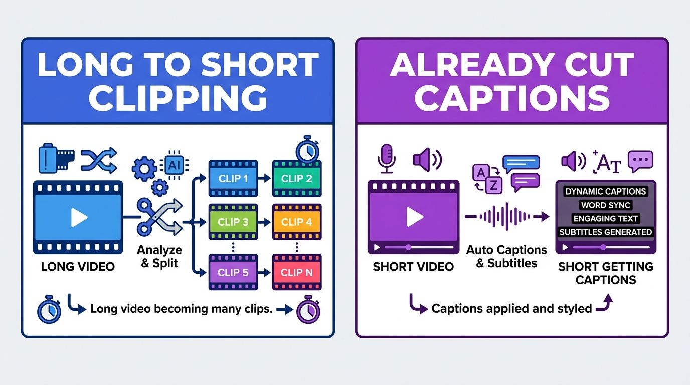 Diagram separating long-to-short clipping from already-cut caption jobs