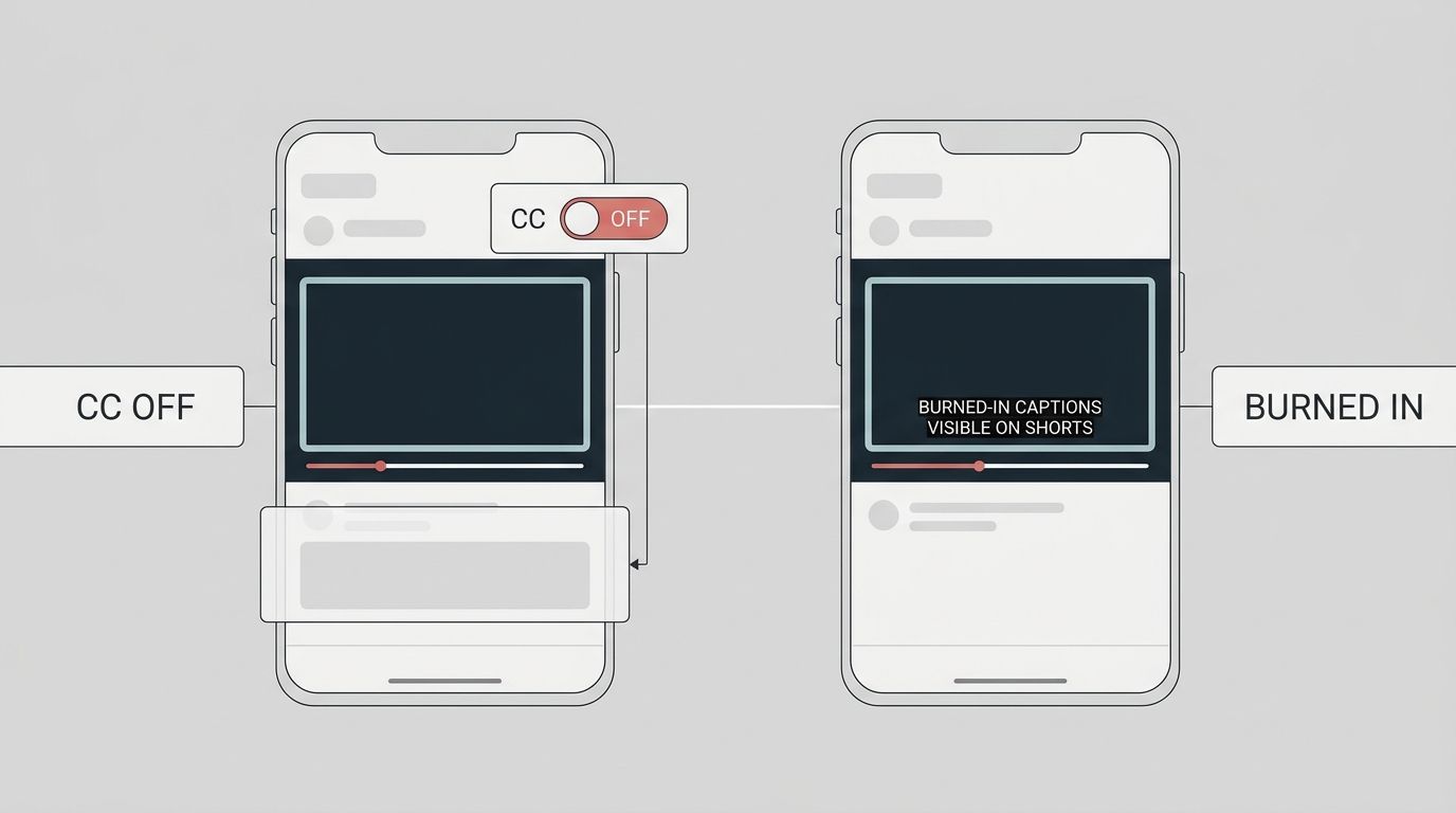 Diagram comparing toggleable CC with burned-in Shorts captions