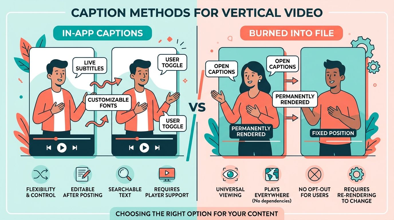 Diagram comparing TikTok in-app captions with burned-in captions