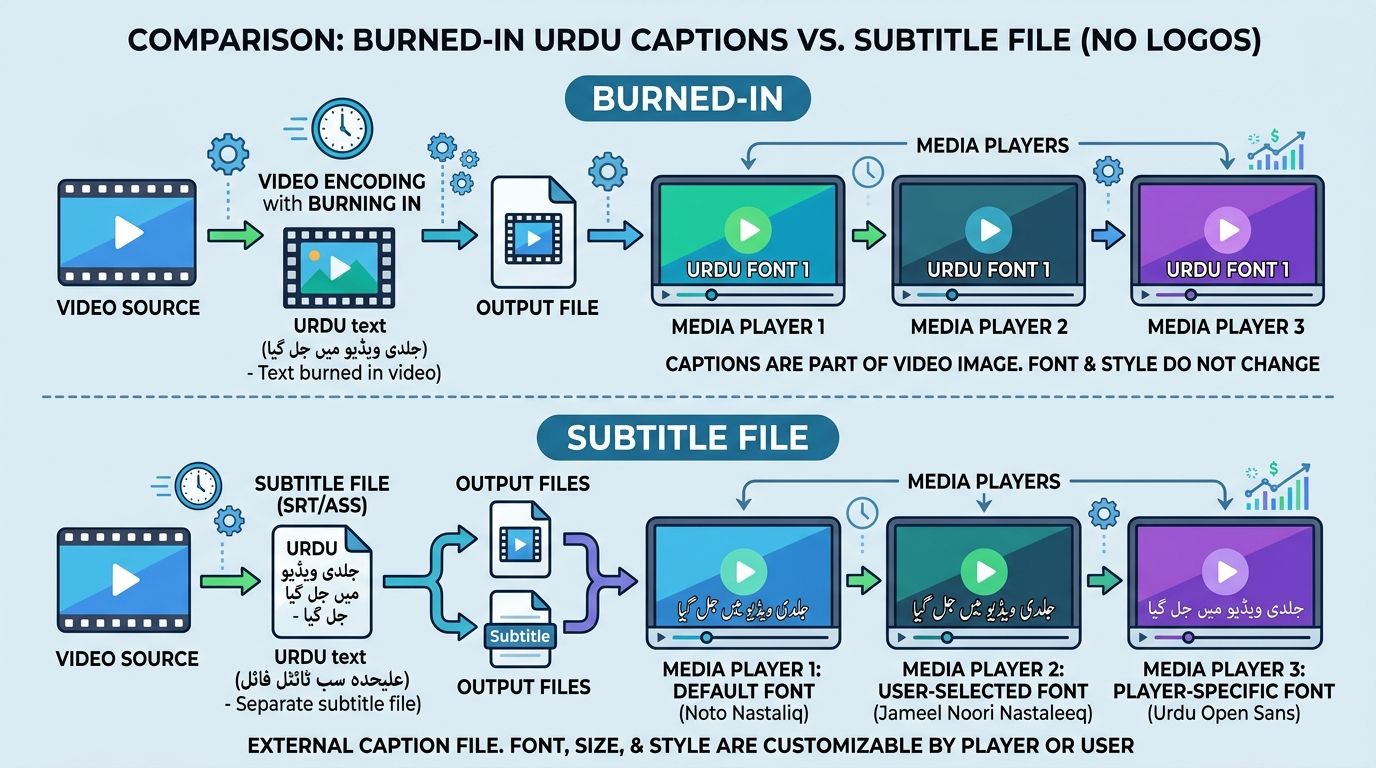 Diagram comparing burned-in Urdu captions with subtitle files